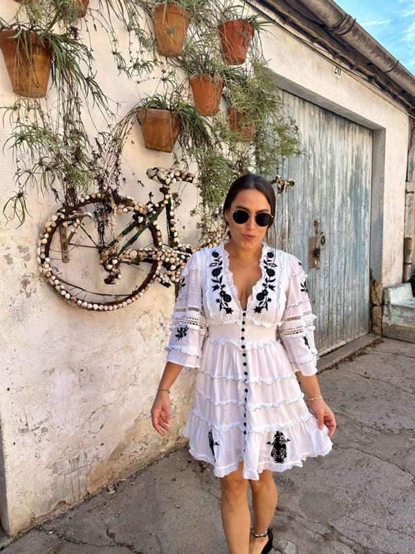Anthropologie (Surplus) Embroidered V-Neck Ruffled Mini Dress