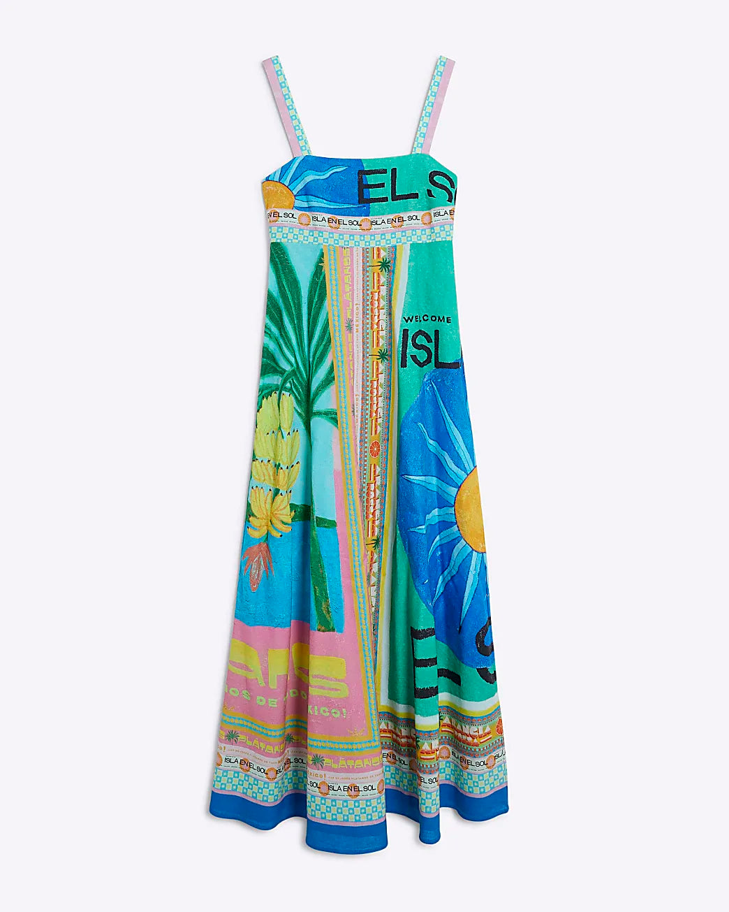 RIVER ISLAND Blue Atlas Printed Linen Blend Maxi dress (Surplus)