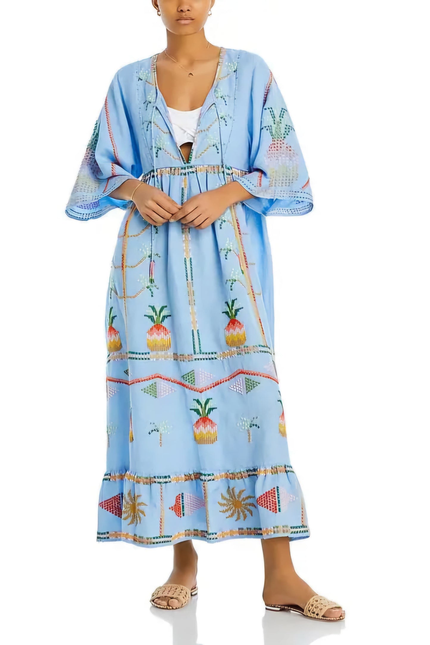 FARM RI⚪️ Embellished Linen-Blend Maxi Dress