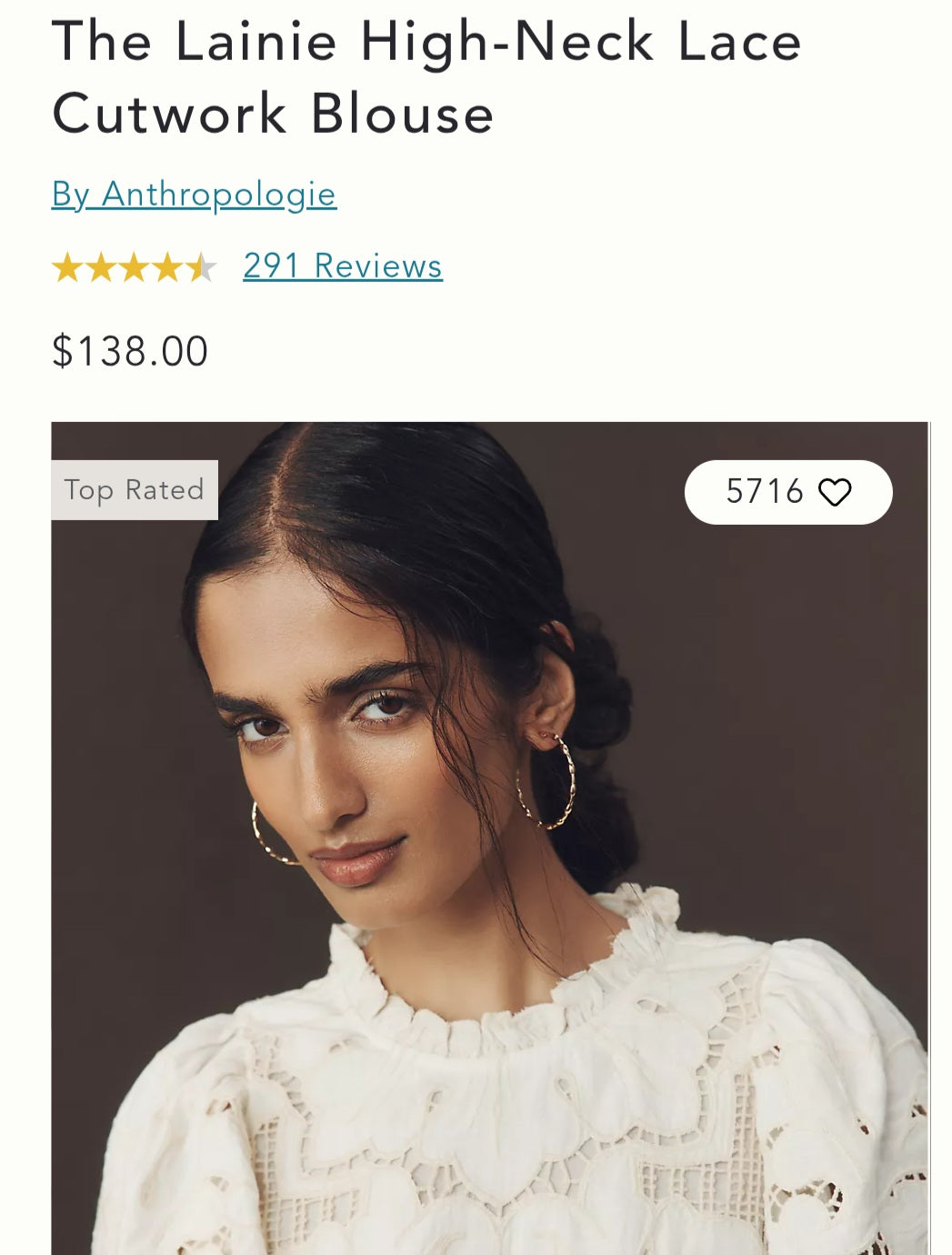ANTHROPOL⚪️GI The Lainie High-Neck Lace Cutwork Blouse