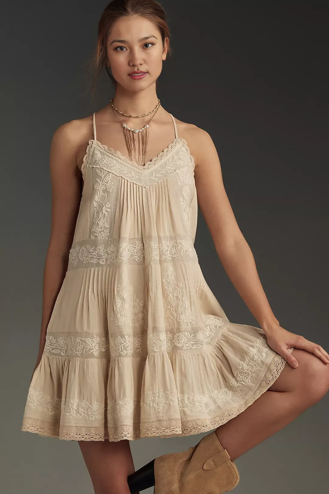 ANTHR⚪️POLOGIE Embroidered Pintuck Mini Dress