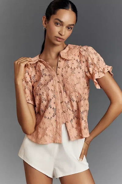 Anthropologie Pilcro Keira Lace Collared Button-Front Blouse in Orange (Surplus - New)