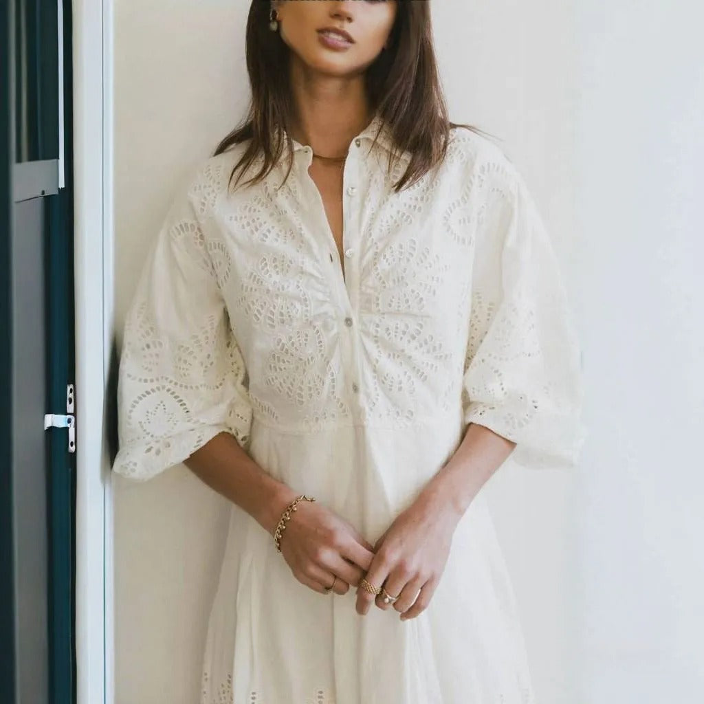 B⚪️hme Eleanor Eyelet Lace Midi Dress in Cream