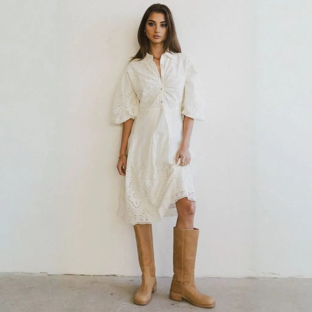 B⚪️hme Eleanor Eyelet Lace Midi Dress in Cream