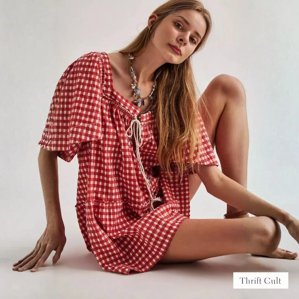 FREE PE⚪️PLE County Line Plaid Romper