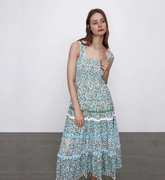 ZAR🤍 The Kandy Dress Floral Midi Tiered Pom Pom Smocked Boho Blue/Green