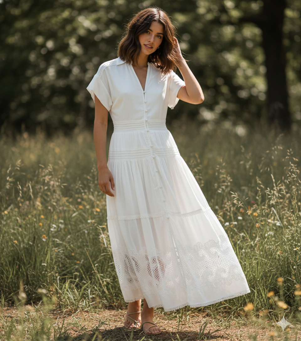 MAJE White Lace-Insert Maxi Shirt Dress