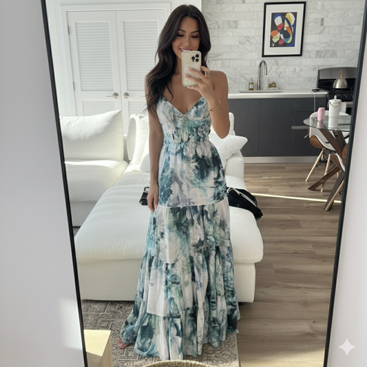 KAREN MILLEN Watercolour Cotton Voile Plunge Strappy Woven Maxi Dress