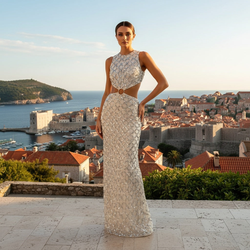 Mac Dugal Midriff Cutout Embellished Dress