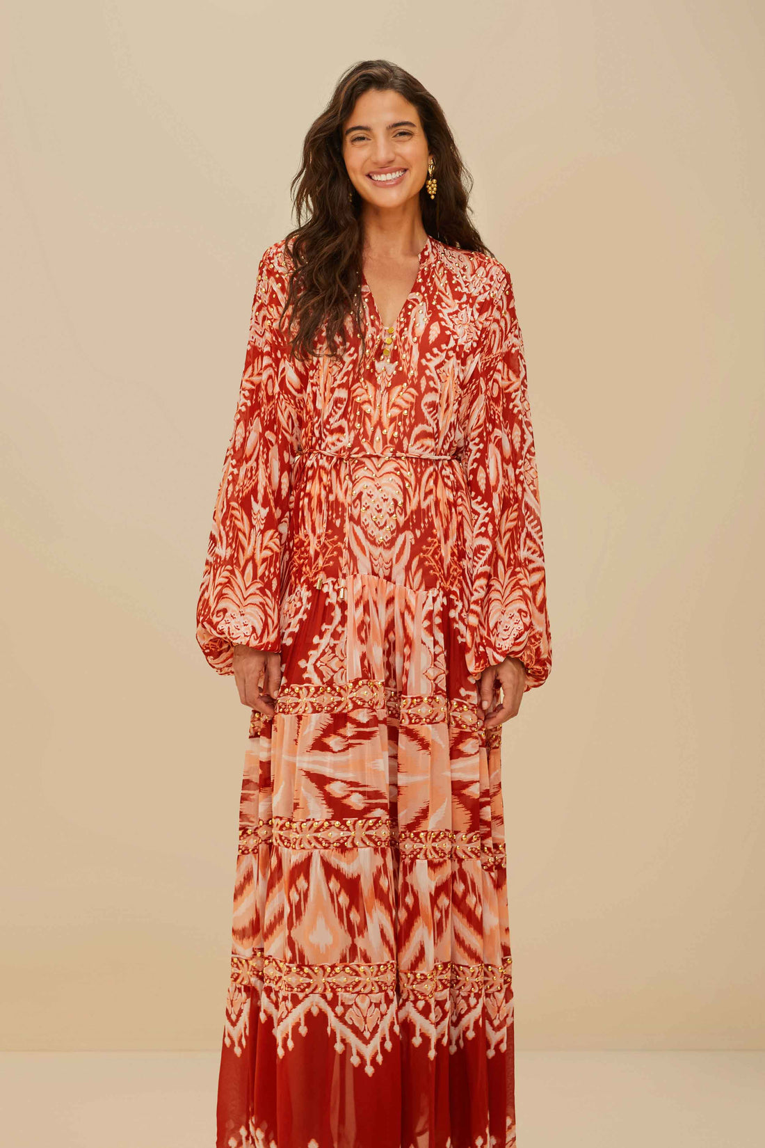 FARM RIO Tropical Tapestry Red Metal Embroidered Tiered Maxi  (Surplus)