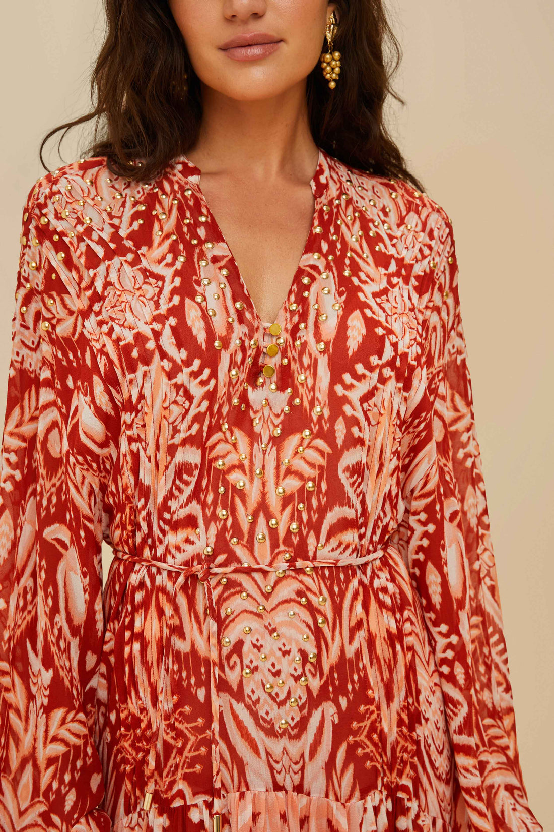 FARM RIO Tropical Tapestry Red Metal Embroidered Tiered Maxi  (Surplus)