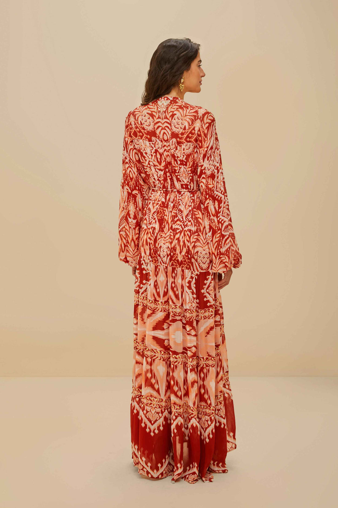 FARM RIO Tropical Tapestry Red Metal Embroidered Tiered Maxi  (Surplus)