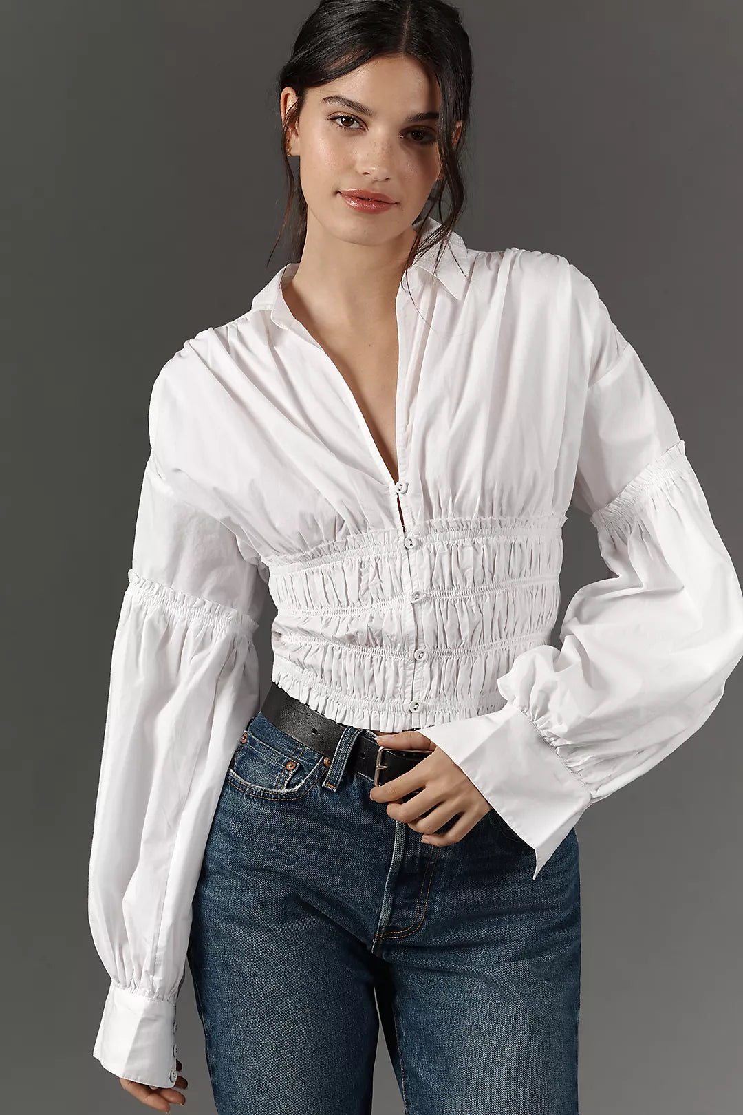 ANTHROPOLOGIE Balloon-Sleeve Collared Shirred Blouse (Surplus)