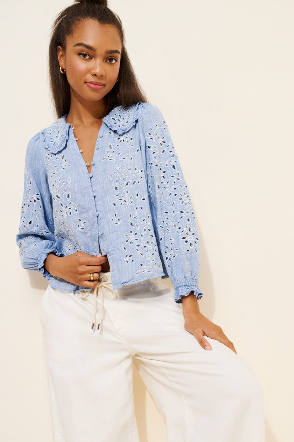 Anthropologie - The Keira Collared Button-Front Blouse: Long-Sleeve Eyelet Edition