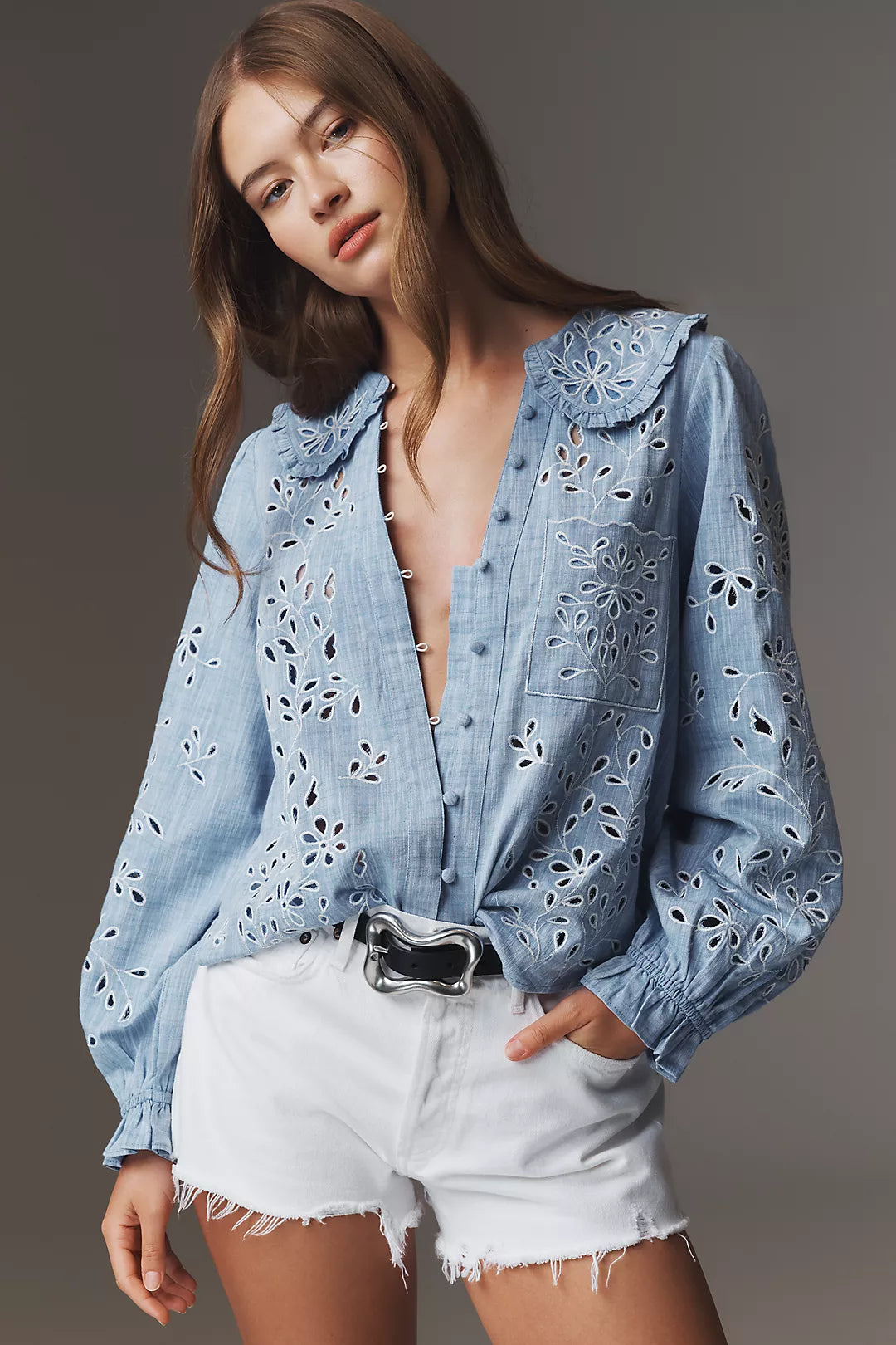 Anthropologie - The Keira Collared Button-Front Blouse: Long-Sleeve Eyelet Edition