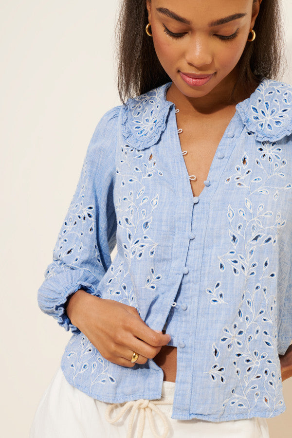 Anthropologie - The Keira Collared Button-Front Blouse: Long-Sleeve Eyelet Edition