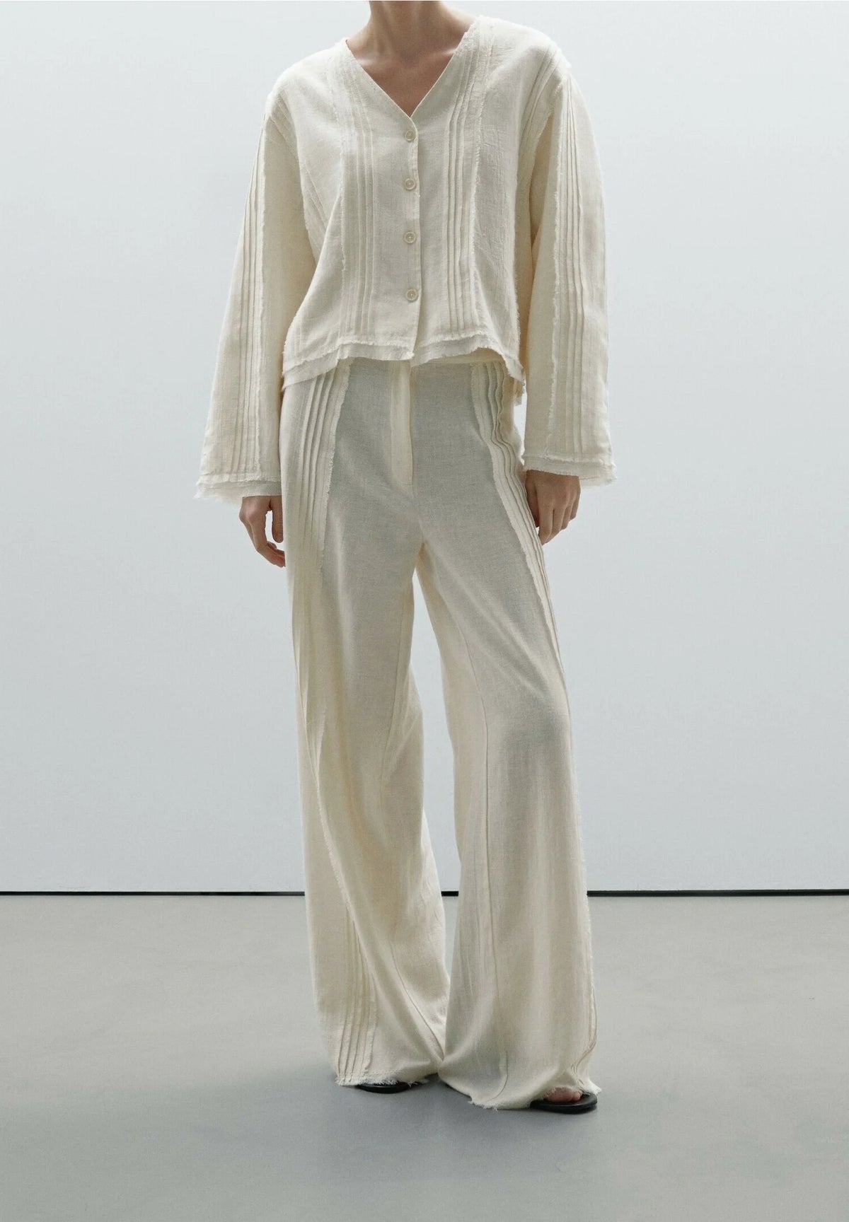 Massimo Dutti Ecru Cotton Blend Top & Wide-Leg Trousers Set (Surplus - New)
