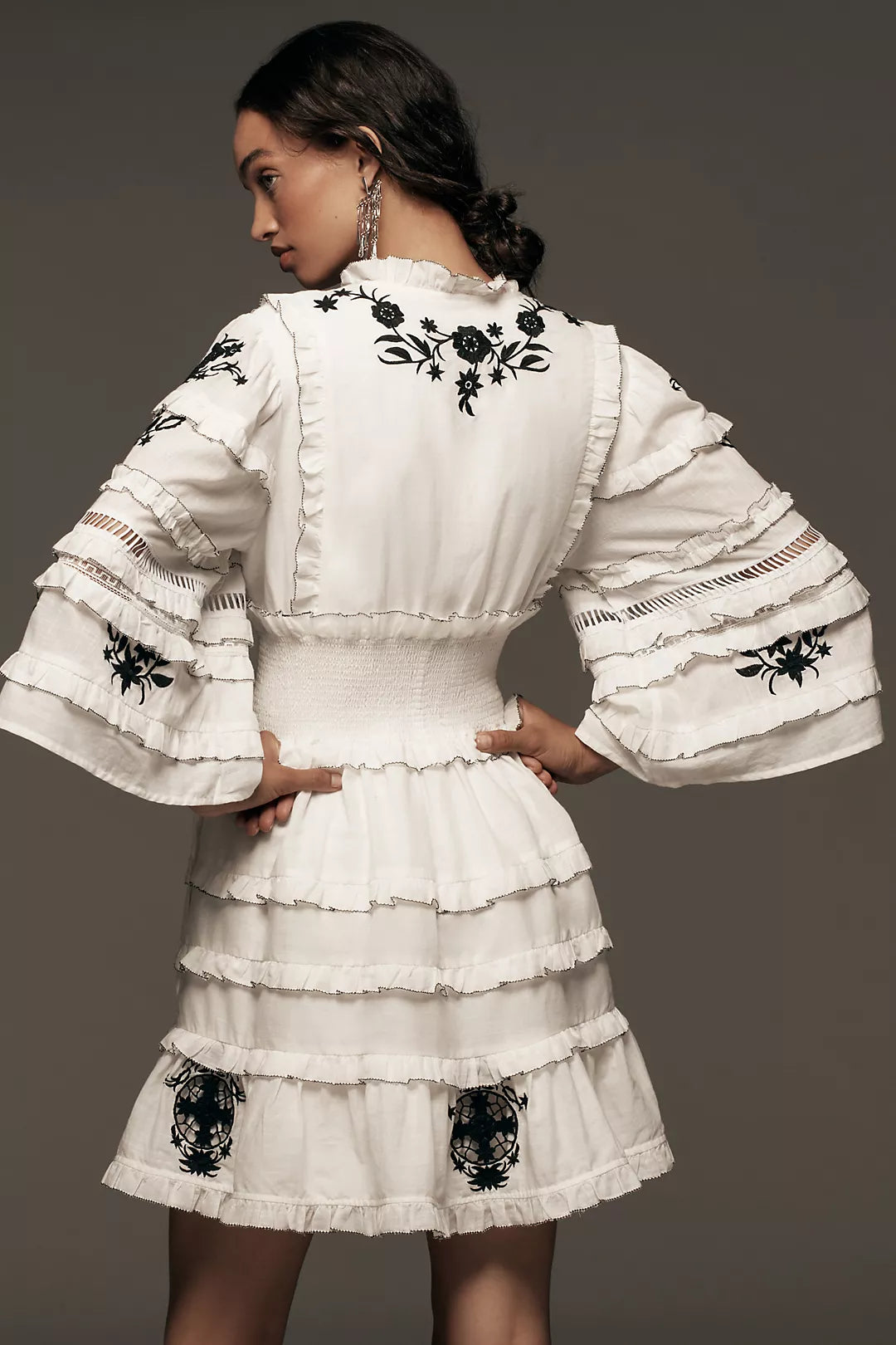 Anthropologie (Surplus) Embroidered V-Neck Ruffled Mini Dress