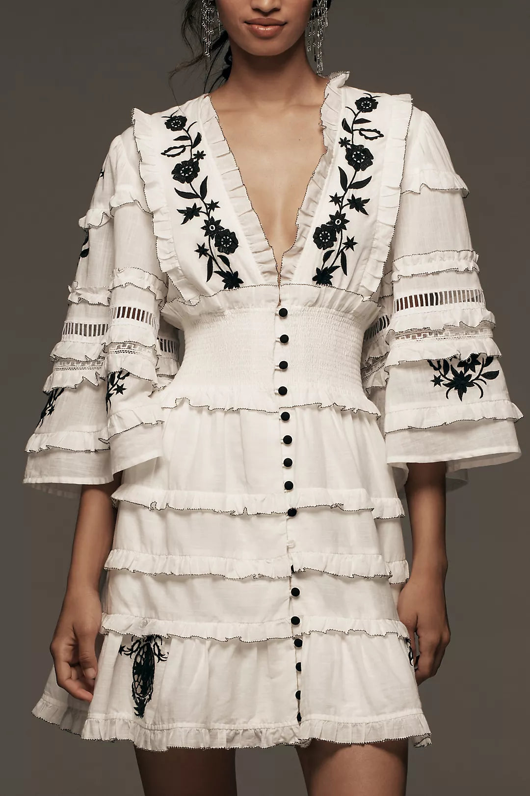 Anthropologie (Surplus) Embroidered V-Neck Ruffled Mini Dress