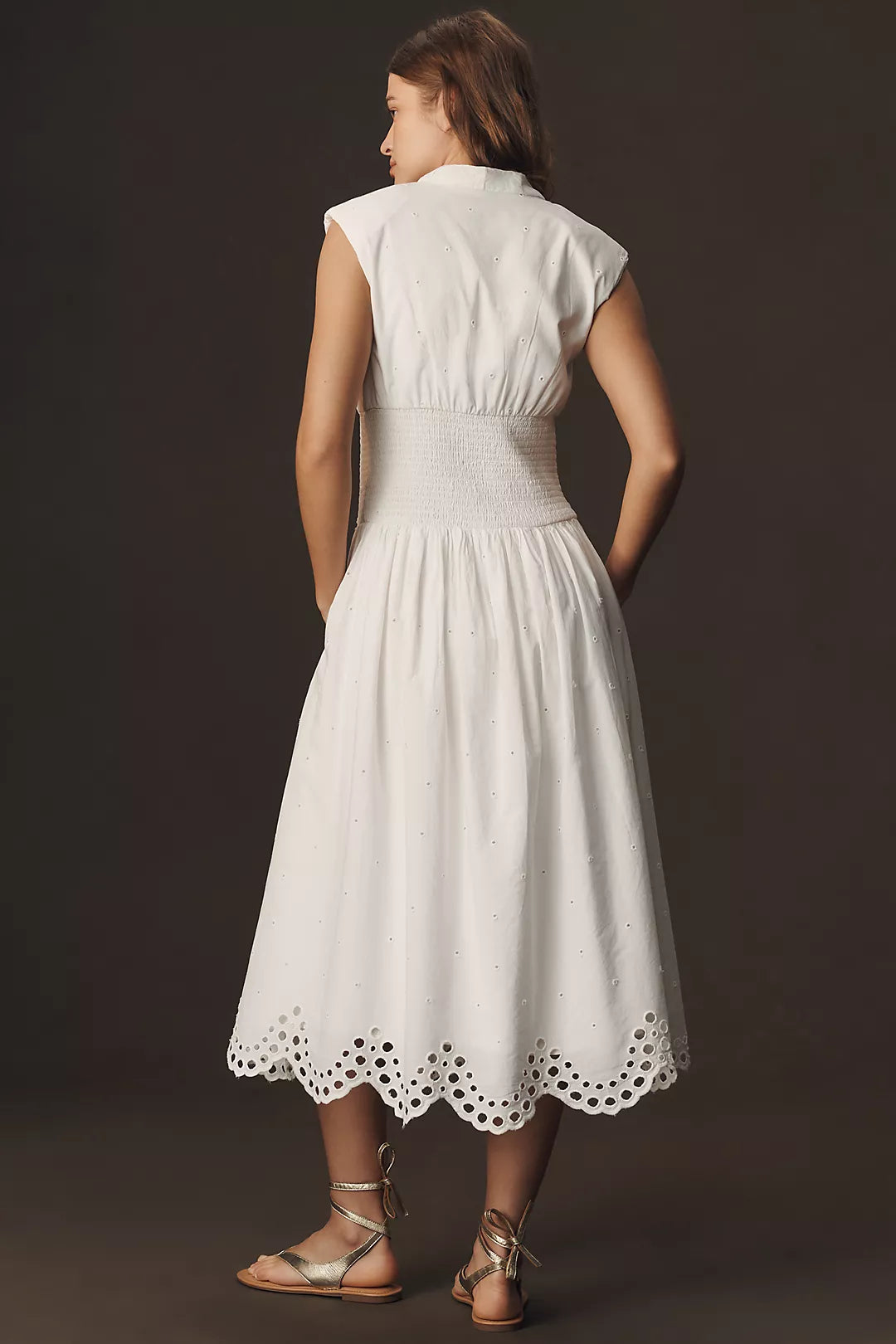 Anthropologie The Tommie Cap-Sleeve Smocked Front-Zip Shirt Dress: Eyelet-Trim Edition(Surplus)