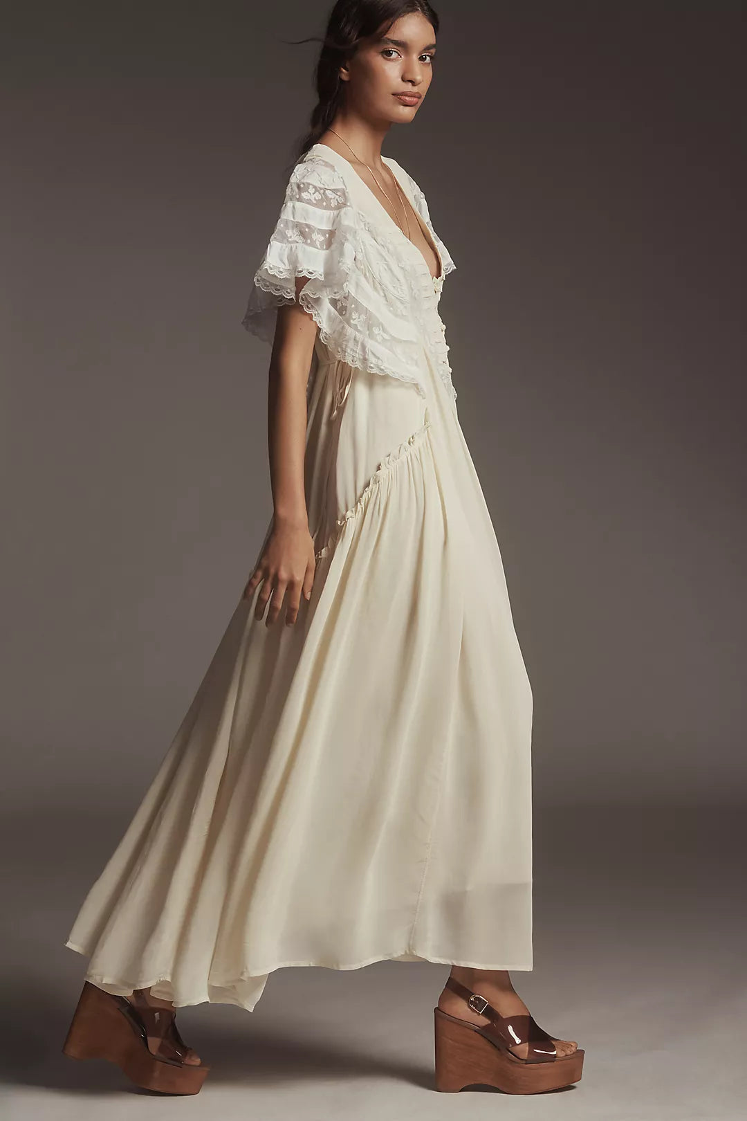 Anthropologie V-Neck Flutter-Sleeve Midi Dress (Surplus)