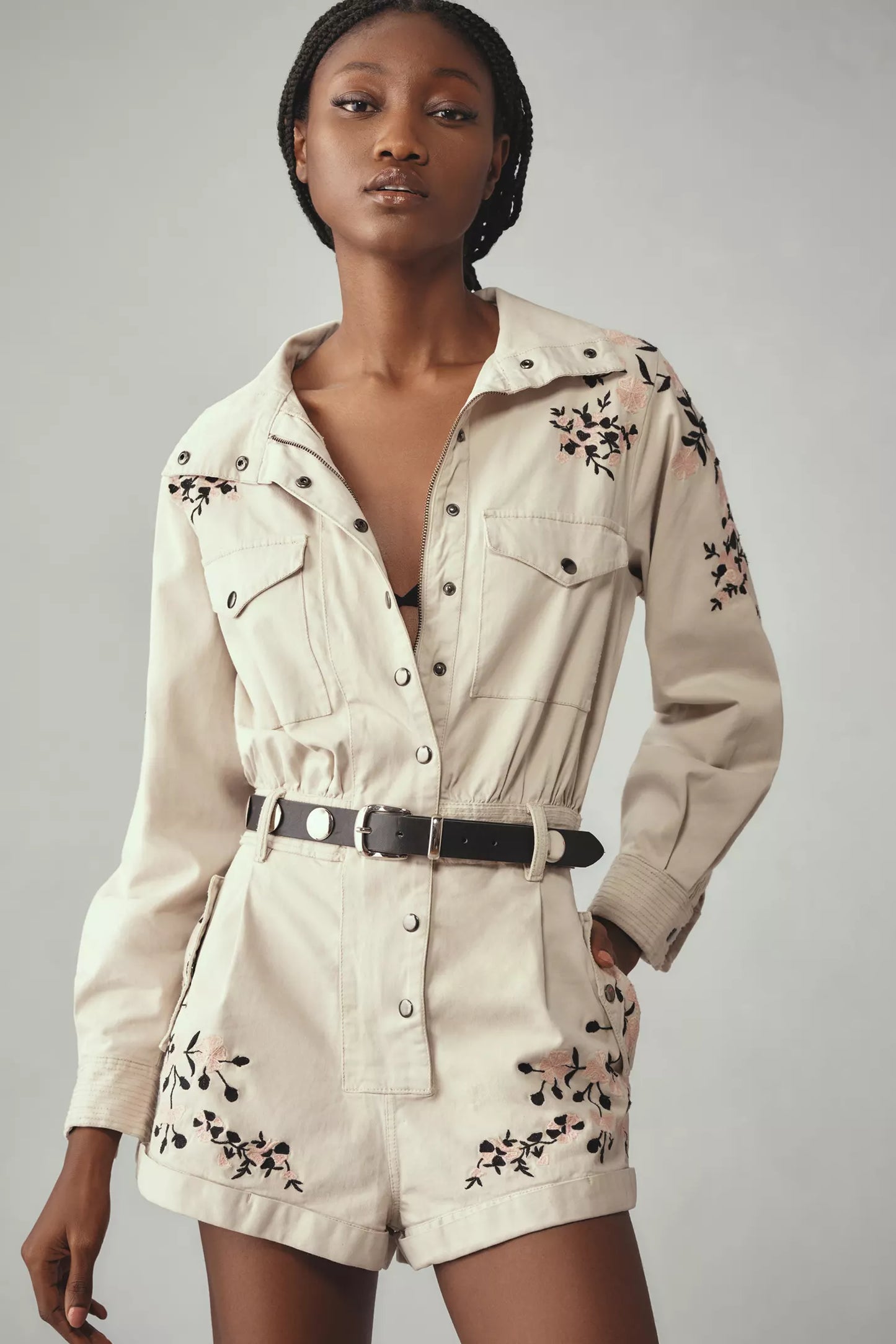 Anthropologie (surplus) Long-Sleeve Embroidered Utility Romper - No belt