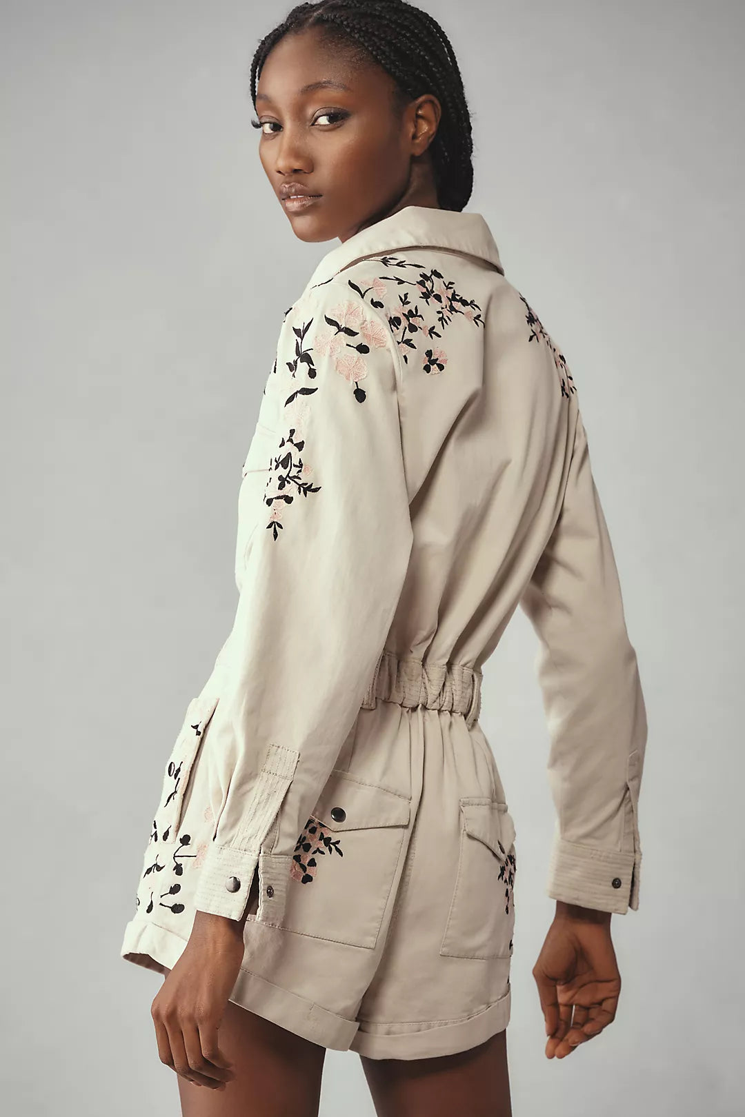 Anthropologie (surplus) Long-Sleeve Embroidered Utility Romper - No belt