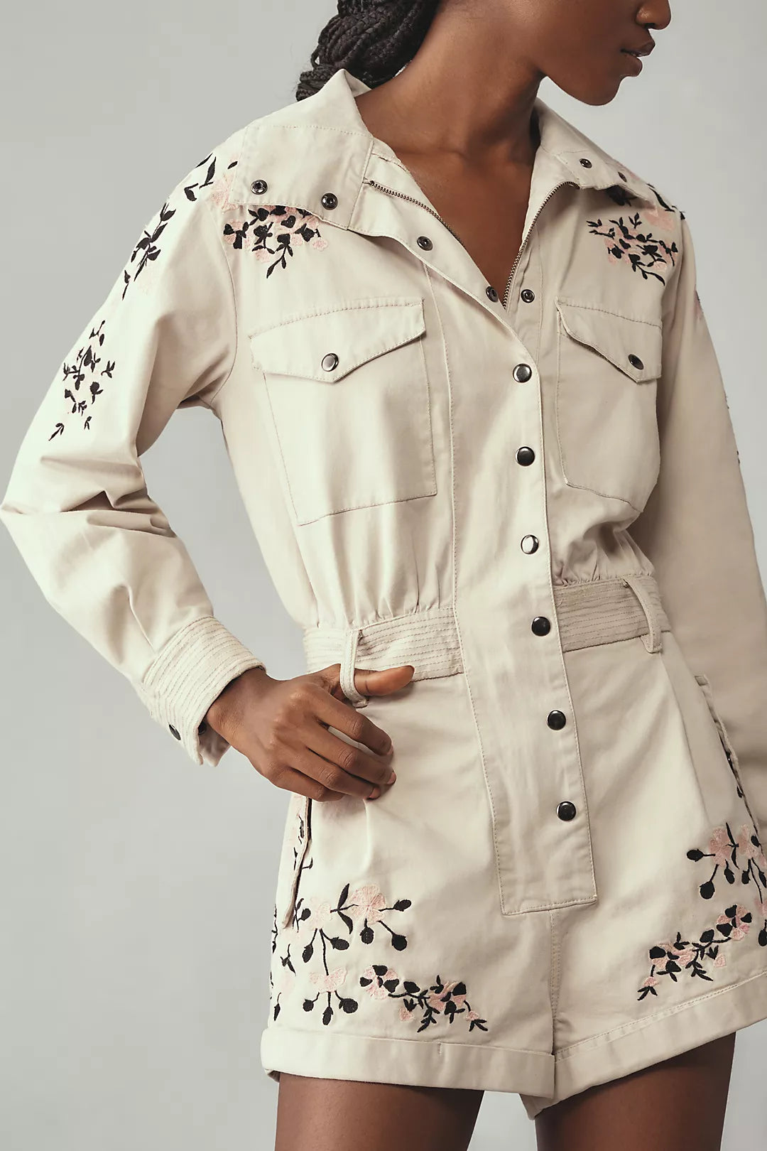 Anthropologie (surplus) Long-Sleeve Embroidered Utility Romper - No belt