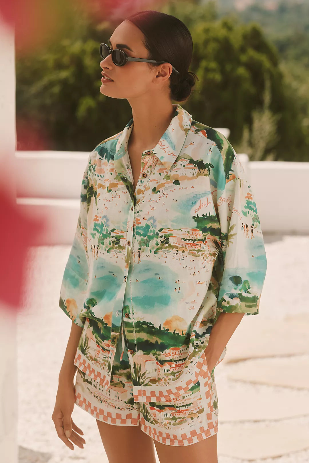 ANTHR⚪️POLOGIE Celandine Linen Short-Sleeve Printed Buttondown Shirt & Shorts Set