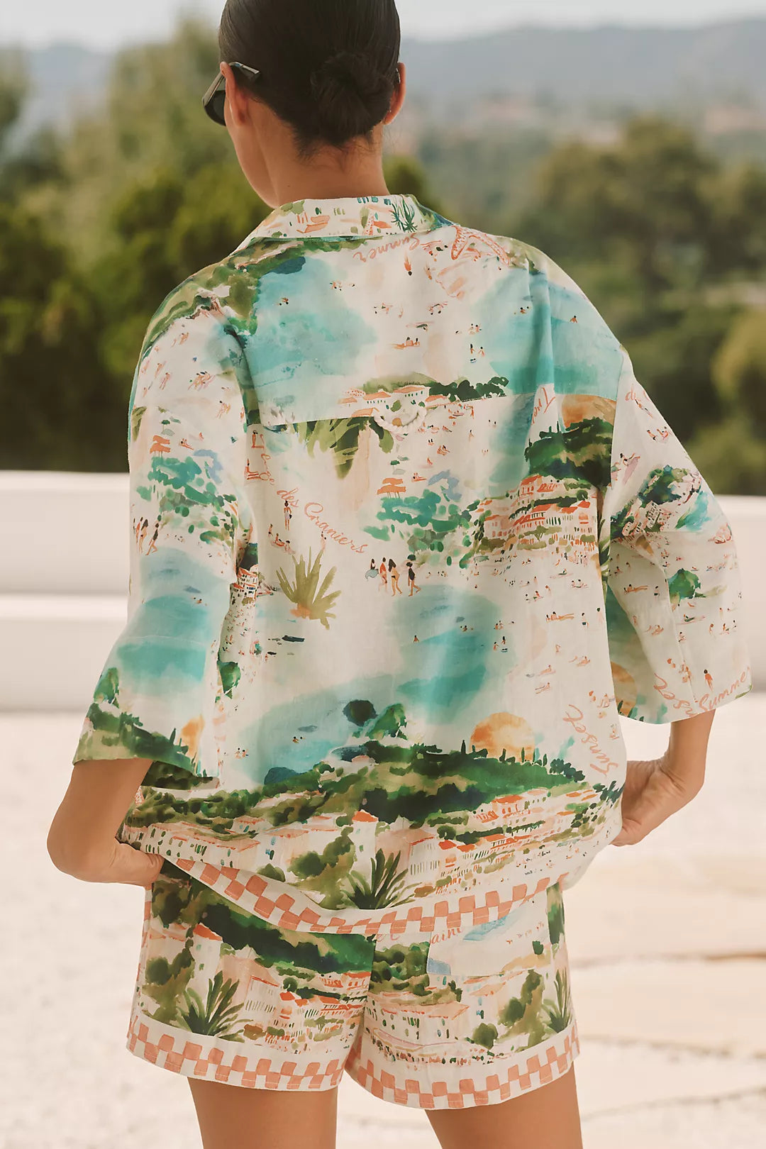 ANTHR⚪️POLOGIE Celandine Linen Short-Sleeve Printed Buttondown Shirt & Shorts Set