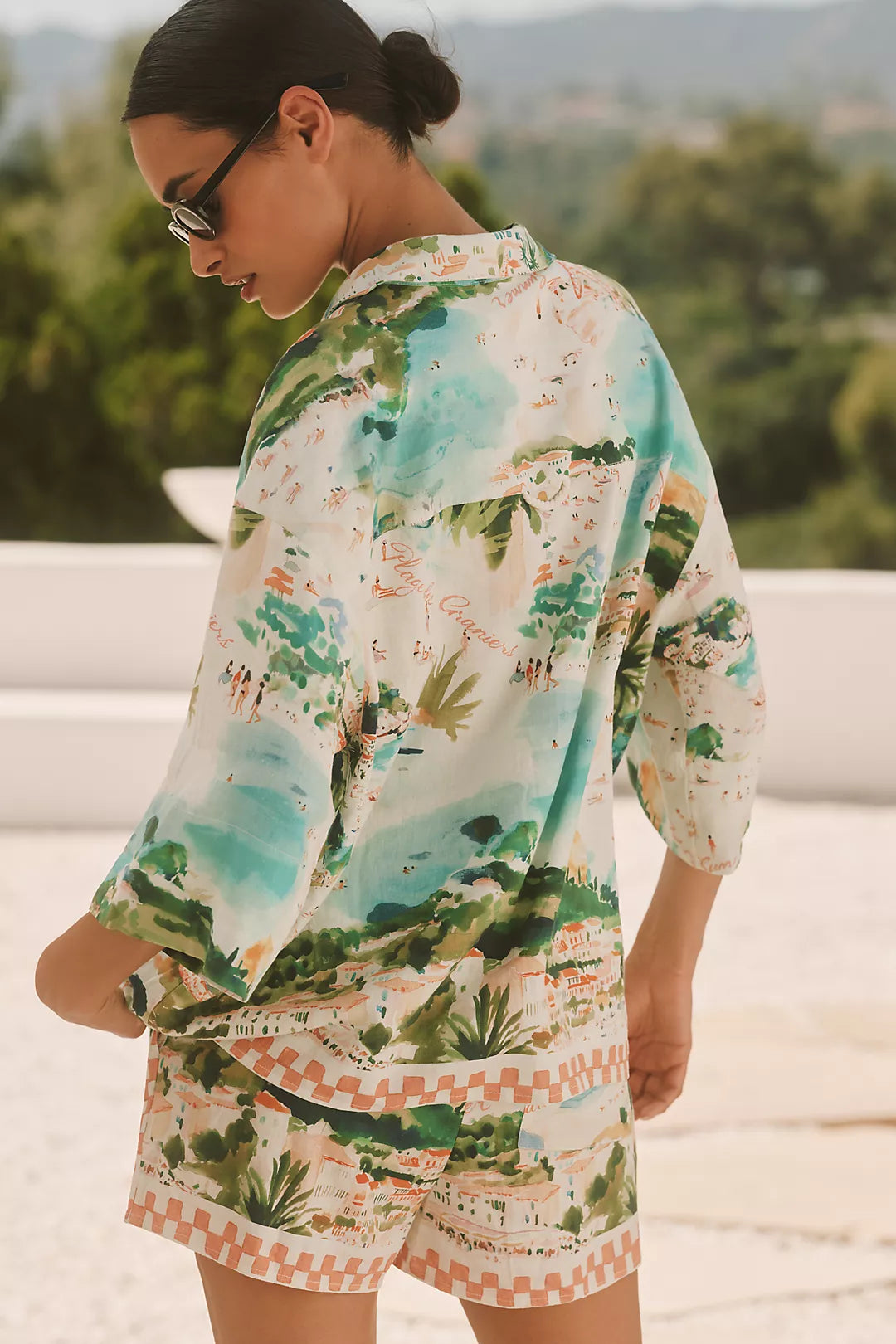 ANTHR⚪️POLOGIE Celandine Linen Short-Sleeve Printed Buttondown Shirt & Shorts Set