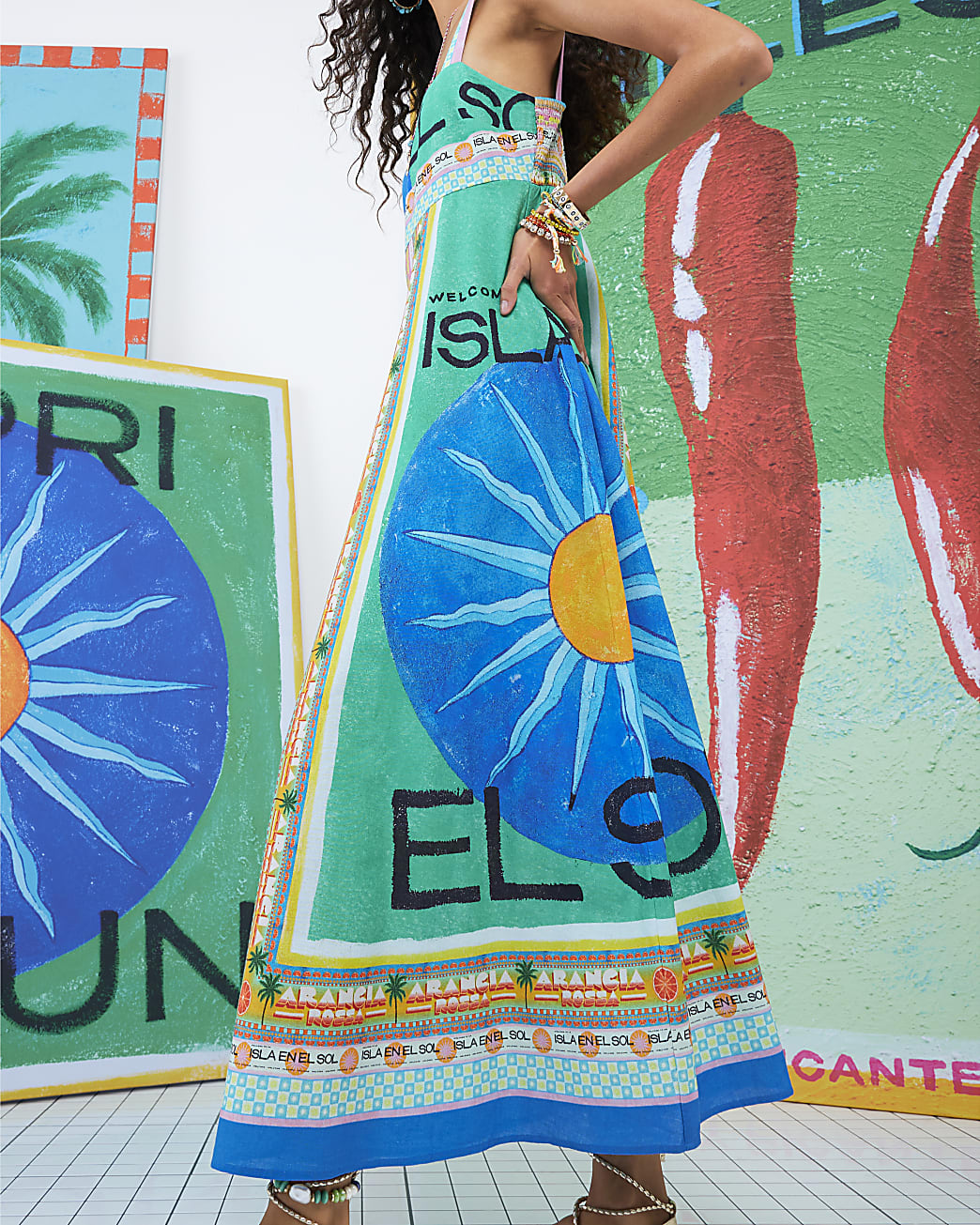 RIVER ISLAND Blue Atlas Printed Linen Blend Maxi dress (Surplus)