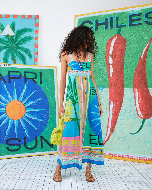 RIVER ISLAND Blue Atlas Printed Linen Blend Maxi dress (Surplus)