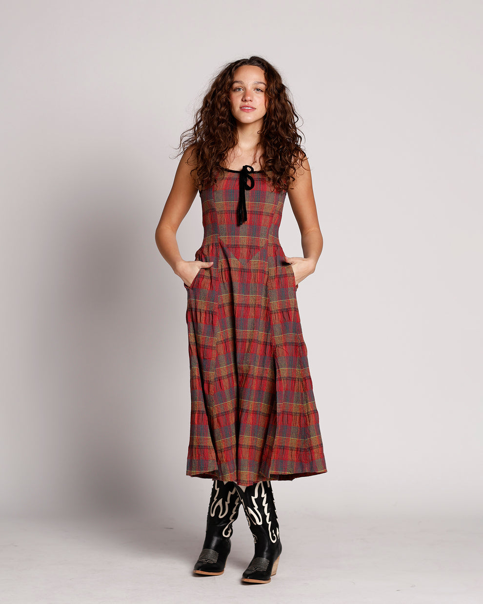 Free People Freya plaid midi strap dress in cherry combo (Surplus)