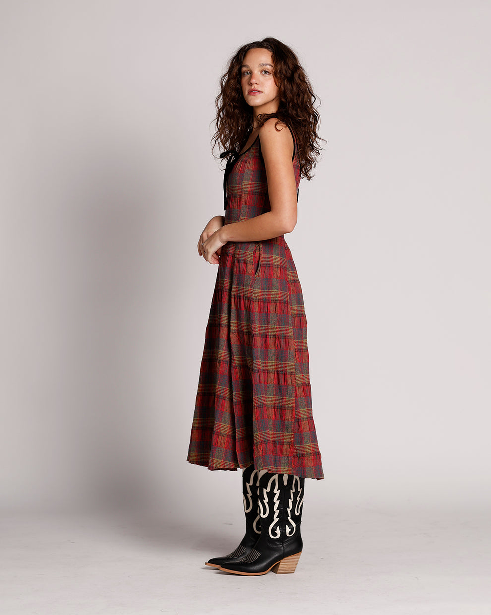 Free People Freya plaid midi strap dress in cherry combo (Surplus)