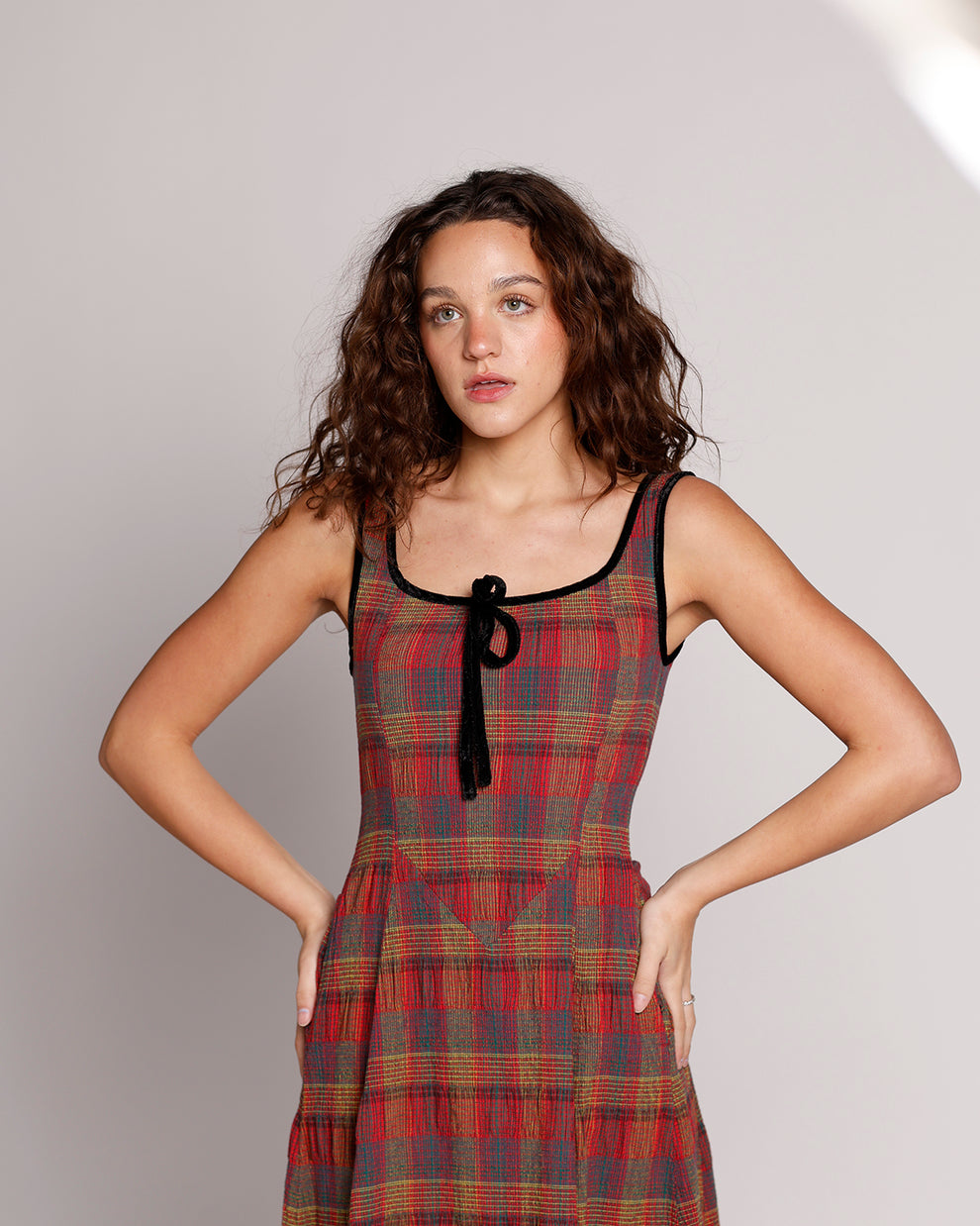 Free People Freya plaid midi strap dress in cherry combo (Surplus)