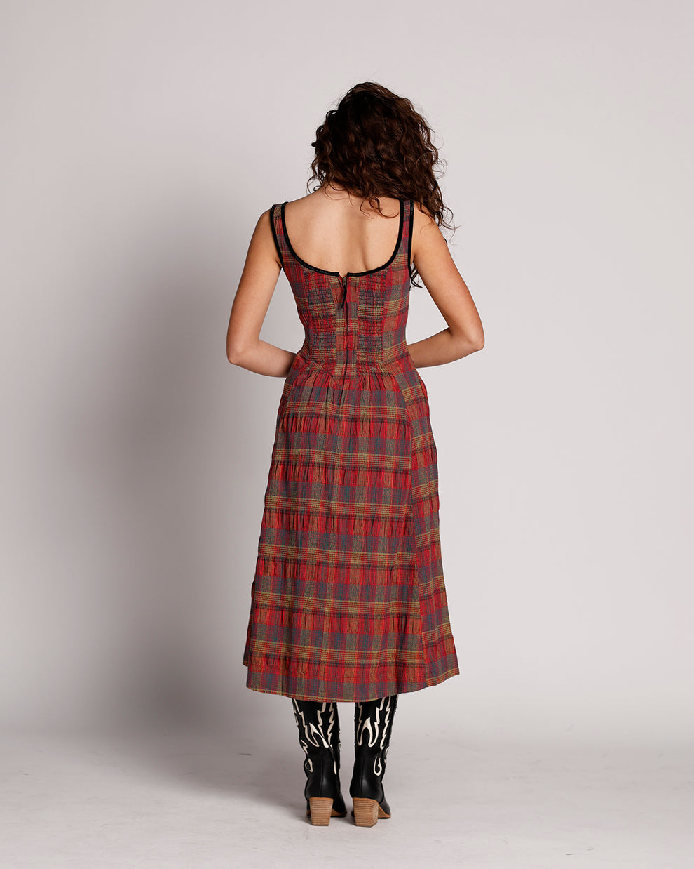Free People Freya plaid midi strap dress in cherry combo (Surplus)