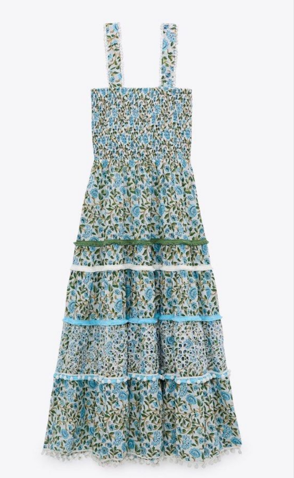 ZAR🤍 The Kandy Dress Floral Midi Tiered Pom Pom Smocked Boho Blue/Green