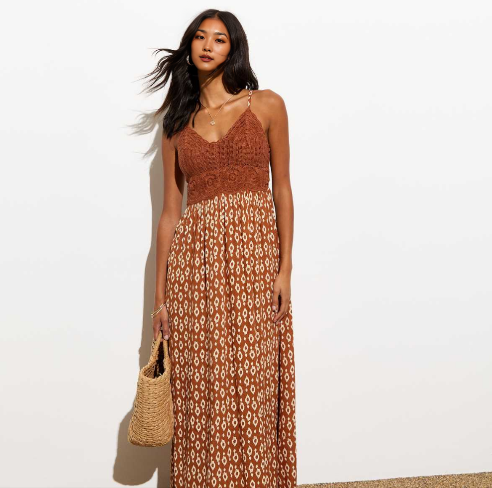 NEW L⚪️OK Brown Crochet Bust Square Print Maxi Dress