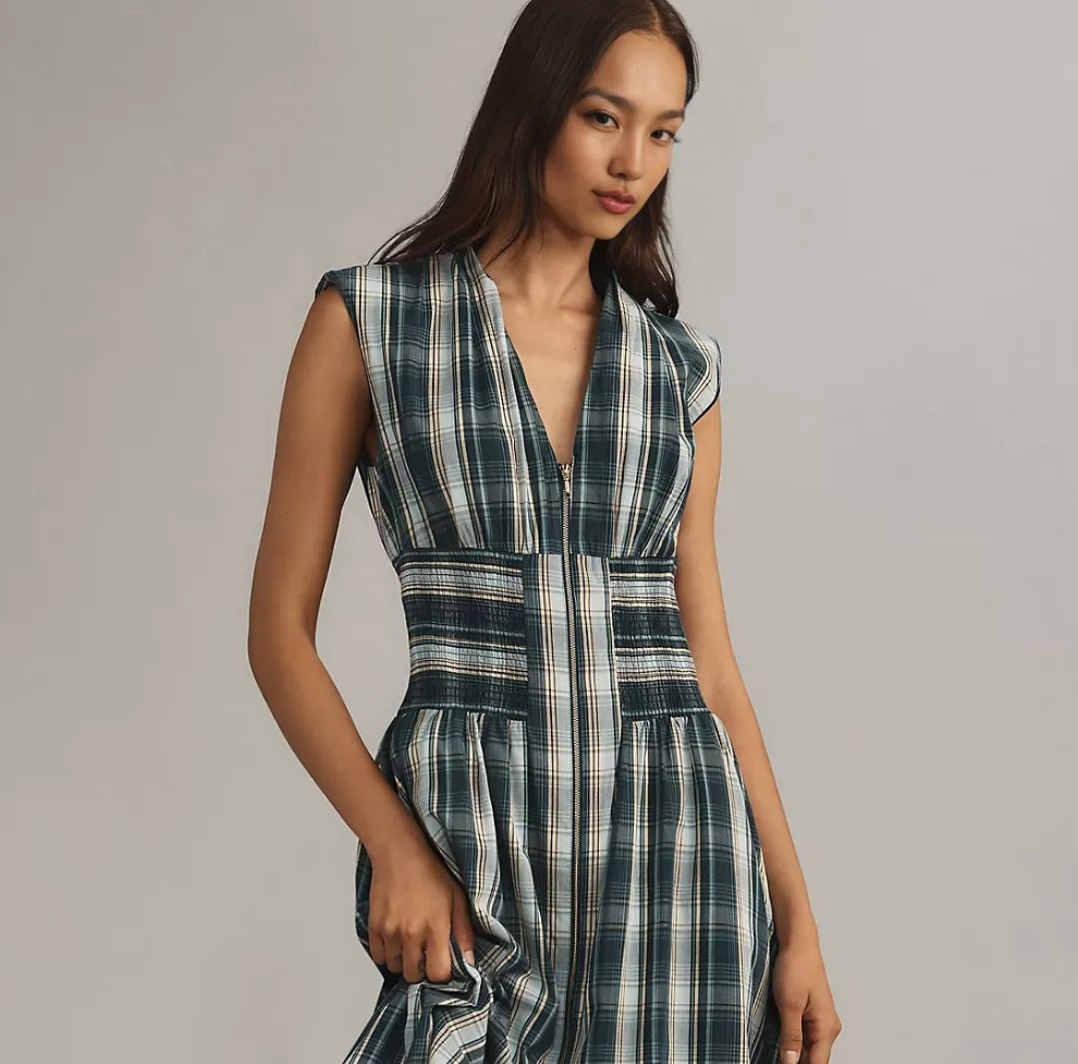 ANTHR⚪️POLOGIE Tommie Cap Sleeve Smocked Front Zip Shirt Dress