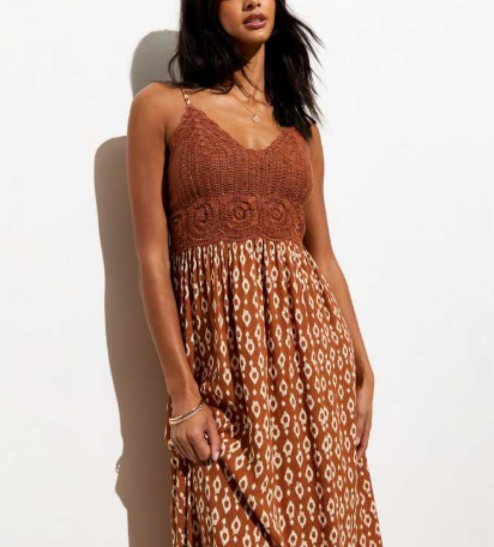 NEW L⚪️OK Brown Crochet Bust Square Print Maxi Dress