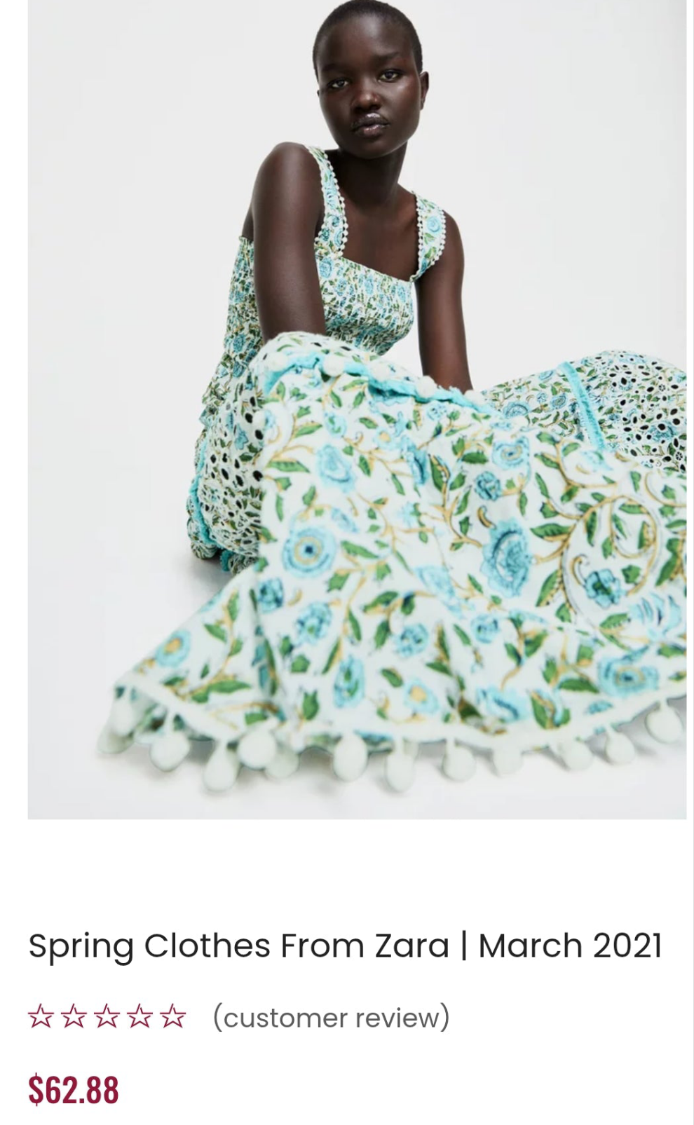 ZAR🤍 The Kandy Dress Floral Midi Tiered Pom Pom Smocked Boho Blue/Green