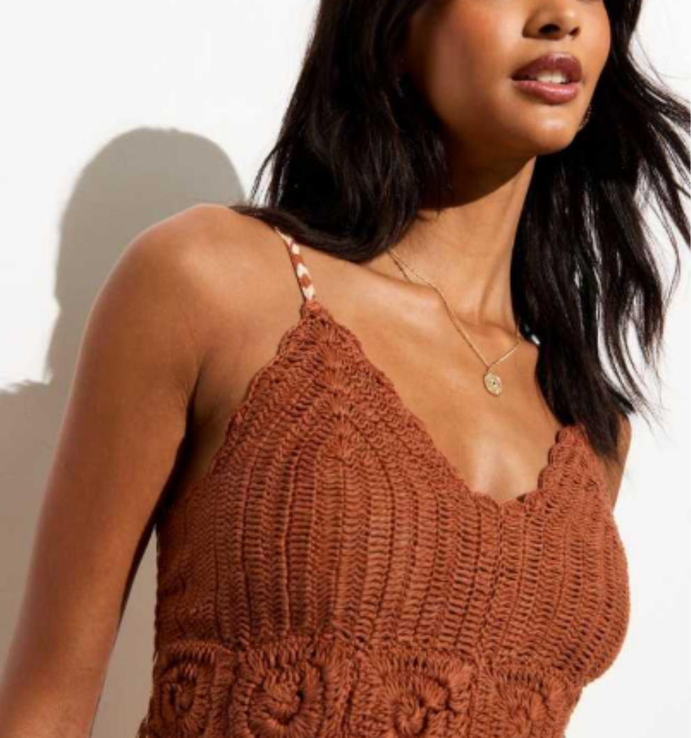 NEW L⚪️OK Brown Crochet Bust Square Print Maxi Dress