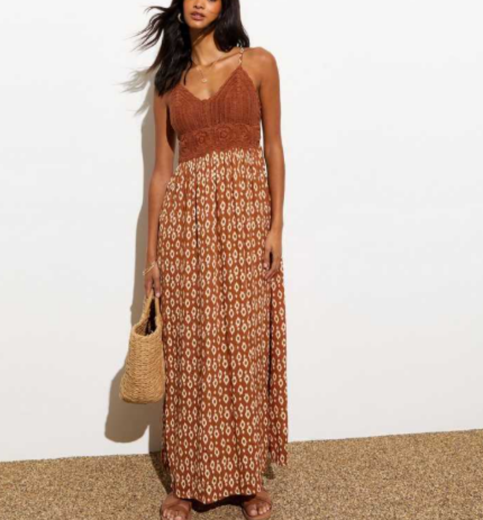 NEW L⚪️OK Brown Crochet Bust Square Print Maxi Dress