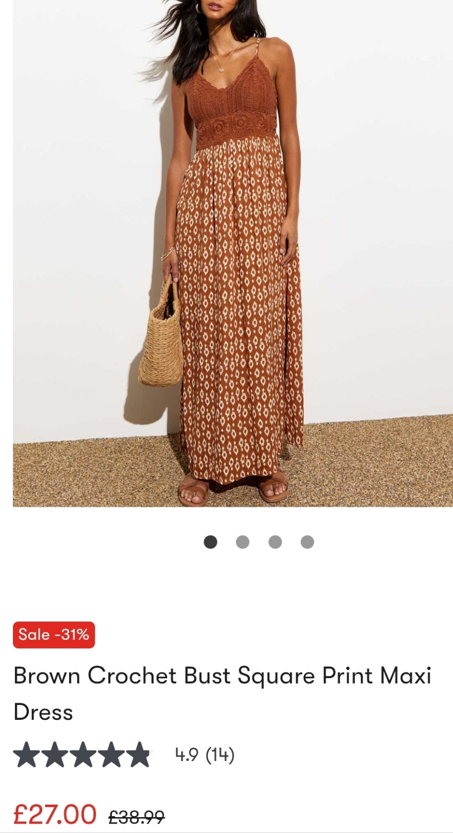 NEW L⚪️OK Brown Crochet Bust Square Print Maxi Dress
