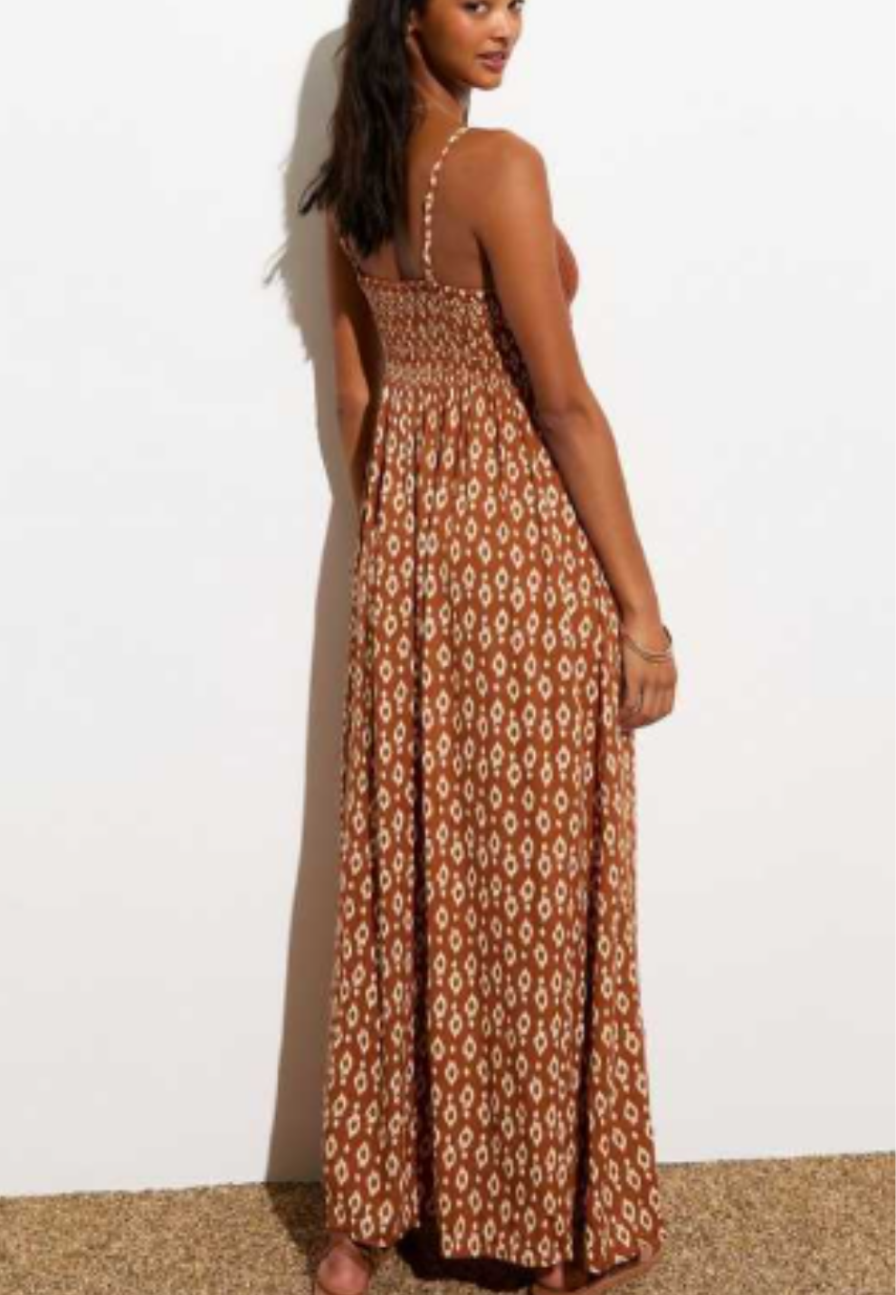 NEW L⚪️OK Brown Crochet Bust Square Print Maxi Dress