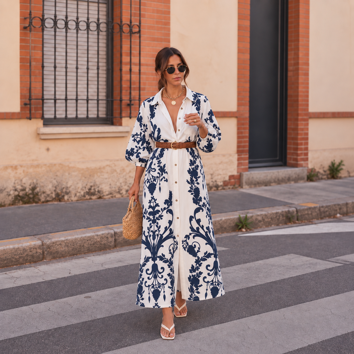 Anthropologie Maeve Blue Floral Collared Button-Front Cropped Sleeve Midi Dress - Belt Not Included (Surplus - New)