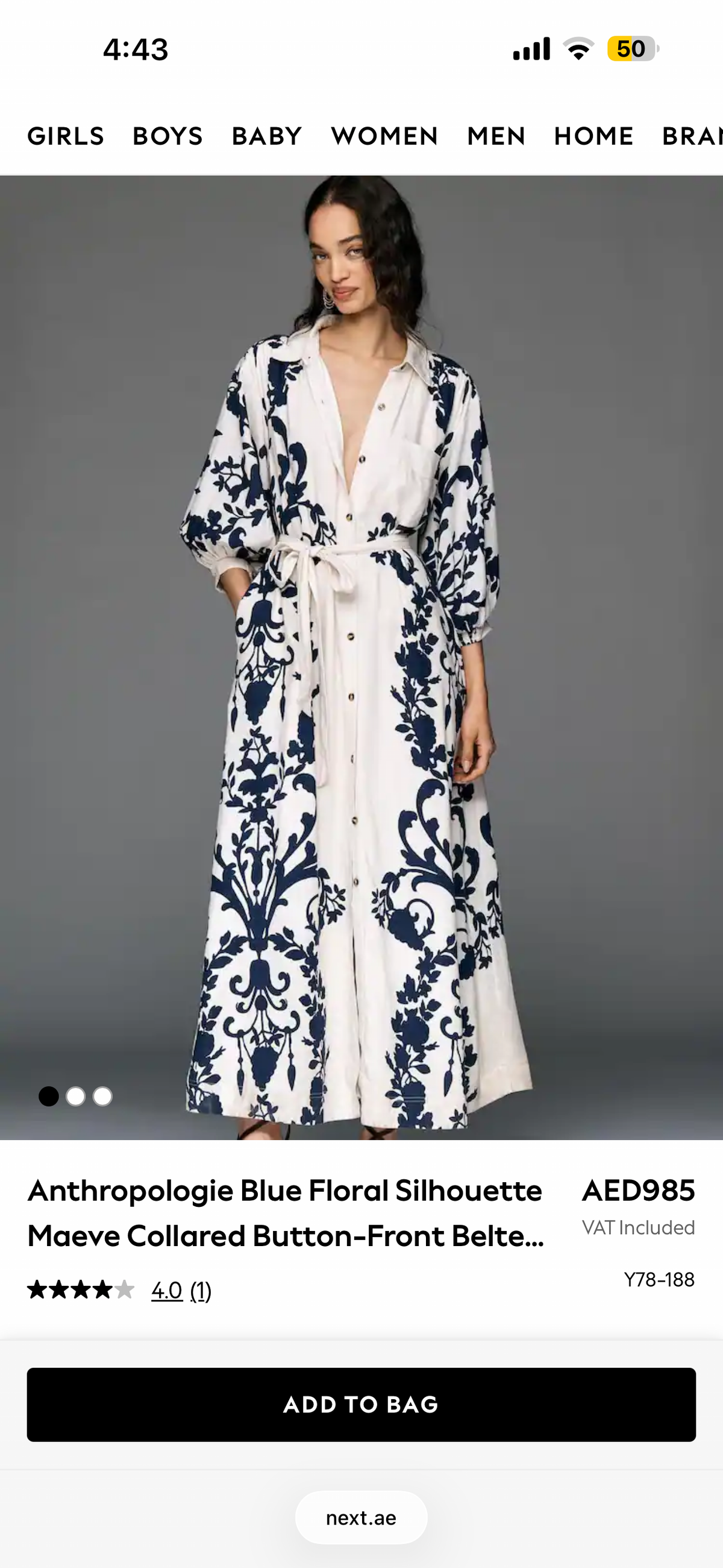 Anthropologie Maeve Blue Floral Collared Button-Front Cropped Sleeve Midi Dress - Belt Not Included (Surplus - New)