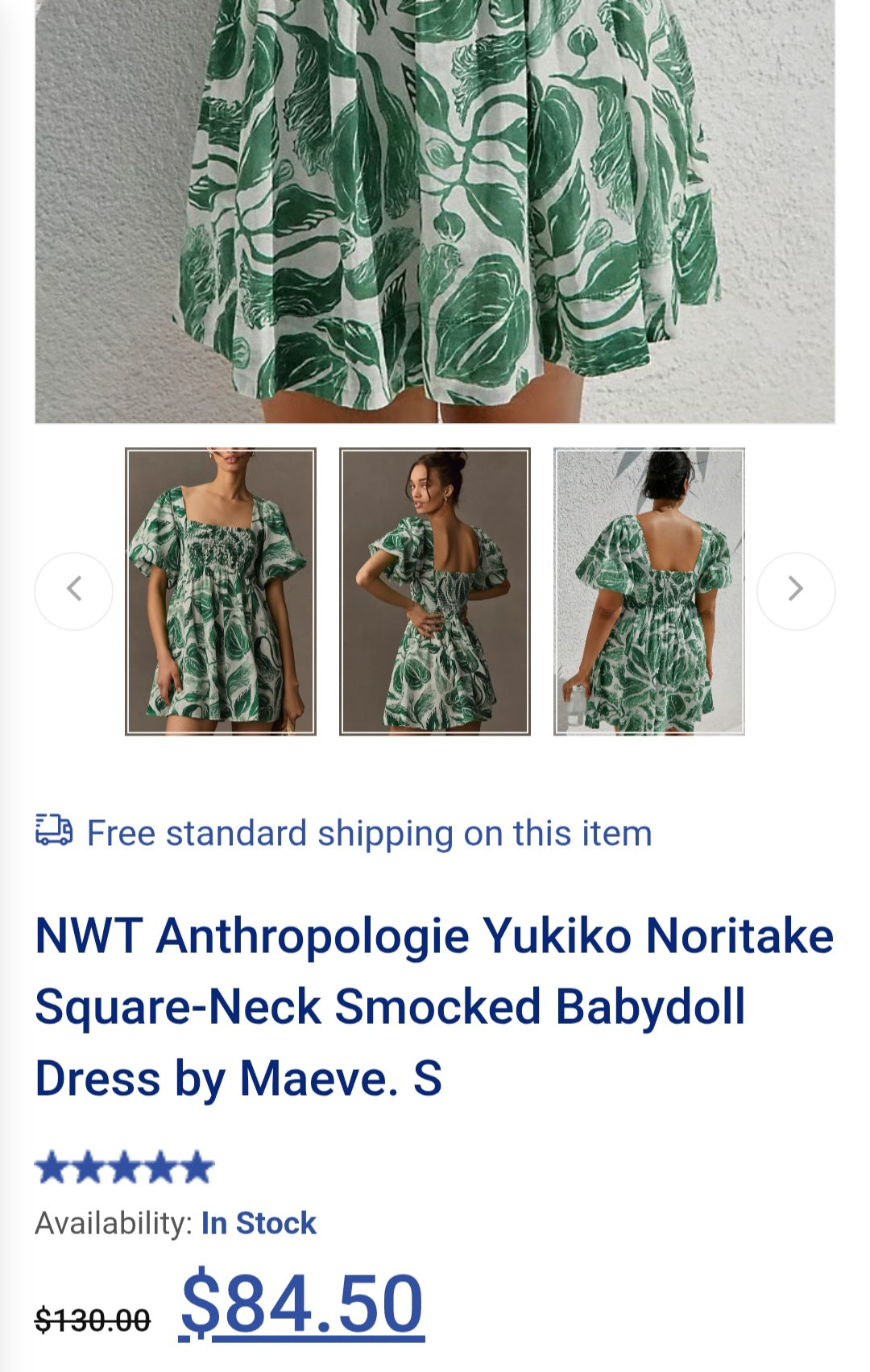 ANTHR⚪️POLOGIE Yukiko Noritake Square-Neck Smocked Babydoll Dress