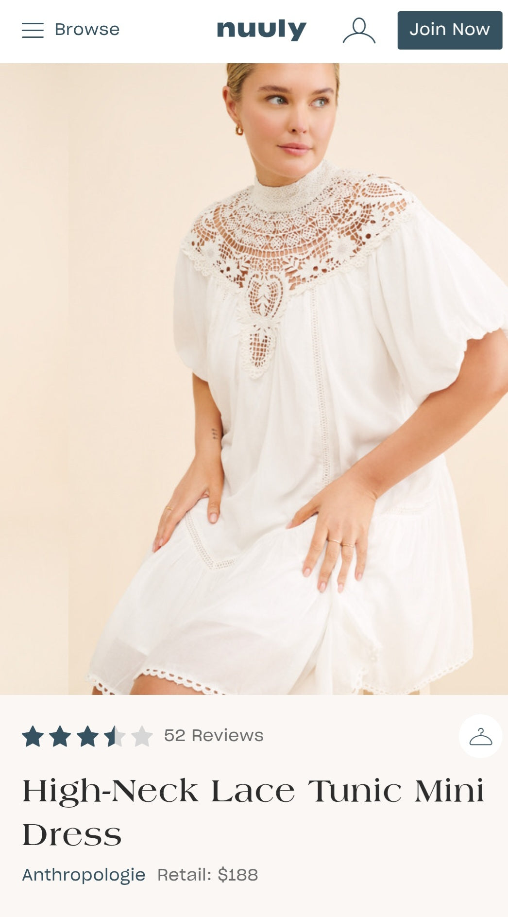 ANTHROPOLOGIE High-Neck Lace Tunic Mini Dress (Surplus)